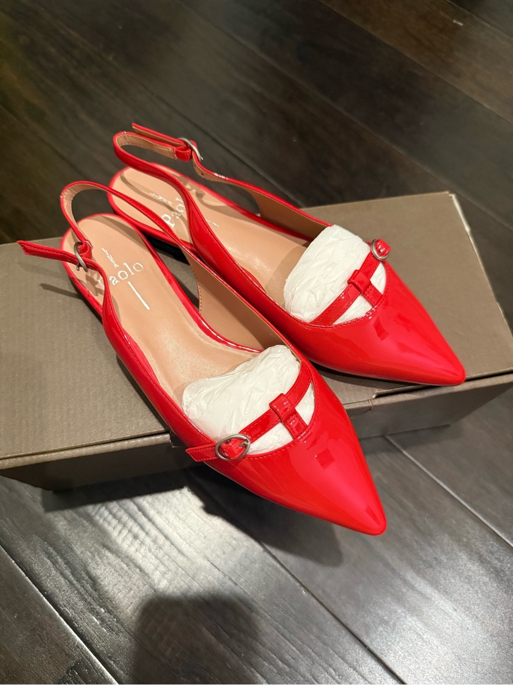 Paolo Red Patent Pointed Slingback Flats with Heart Buckle